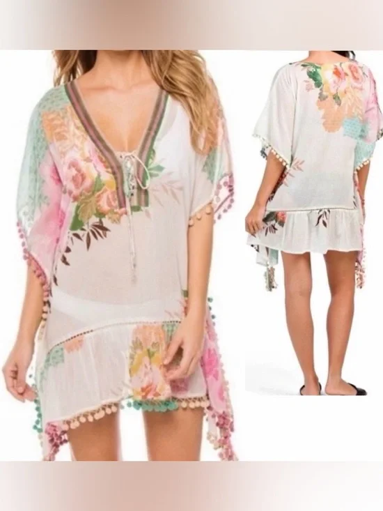 Z&L Kimono Tunic Top/Swim Cover Up ~ in Blue & Orange Floral - Picture 3 of 16